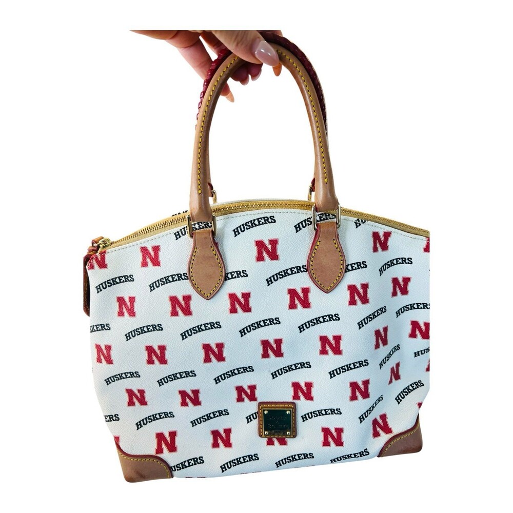 Dooney & Bourke Nebraska Cornhuskers Satchel Bag White Logo Print Leather Trim